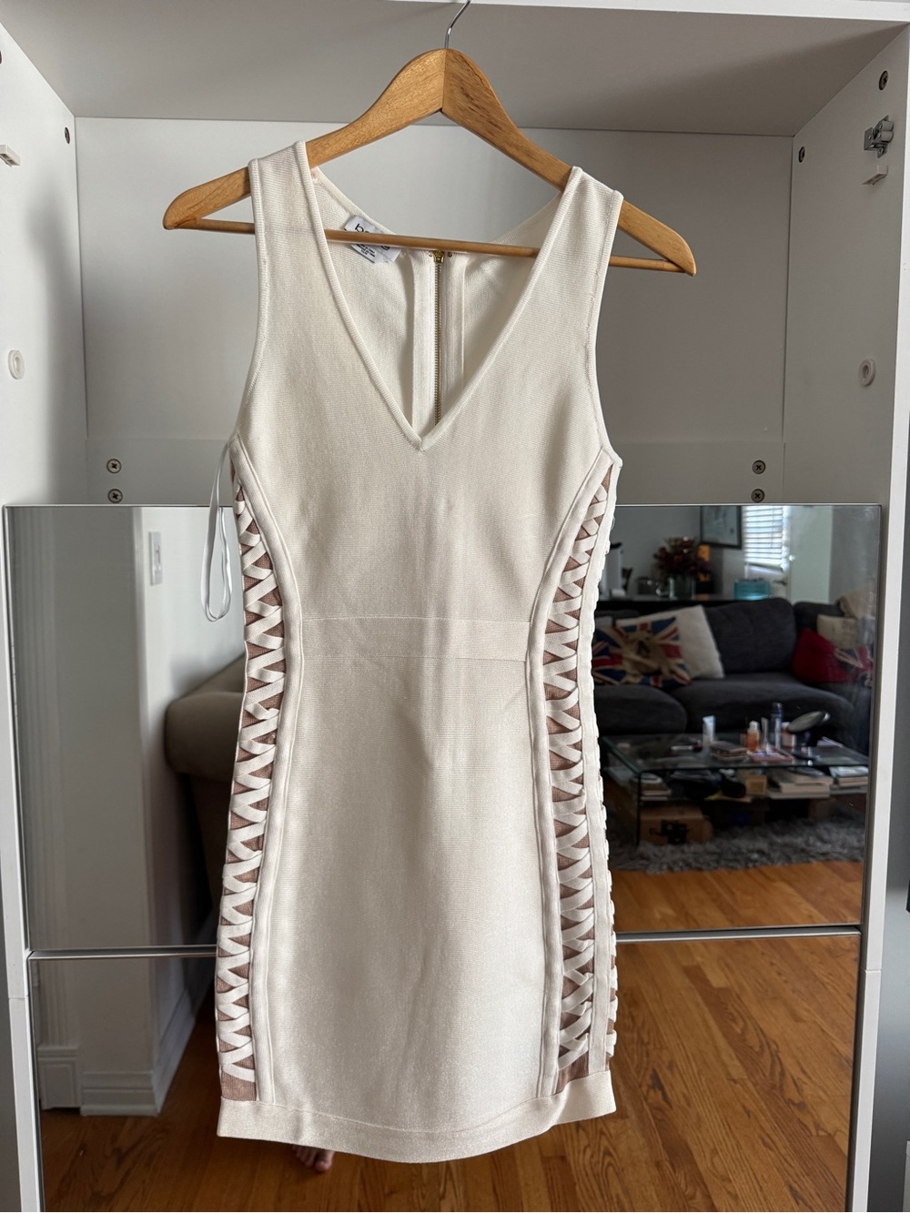 bebe Cream V-Neck Mini Dress with Lace-Up Side Panels